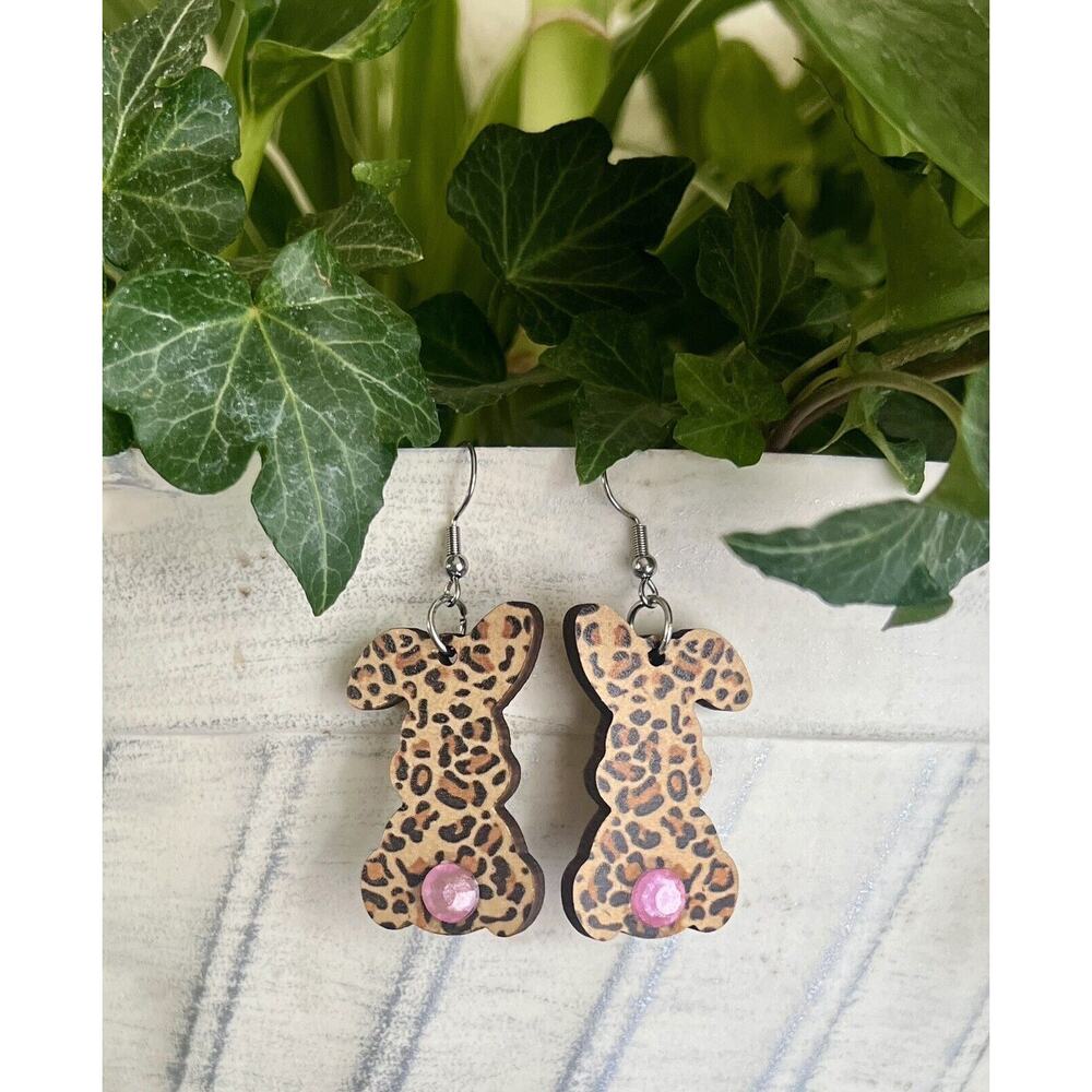 Easter Bunny Earrings Wooden Leopard Rhinestone Dangle Jewelry NEW